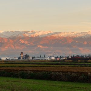 Beautiful shot of a pink sunset sky over the Granada Airport in Andalusia, Spain