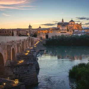 Illuminated Cordoba Skyline at sunset - Cordoba, Andalusia, Spain
